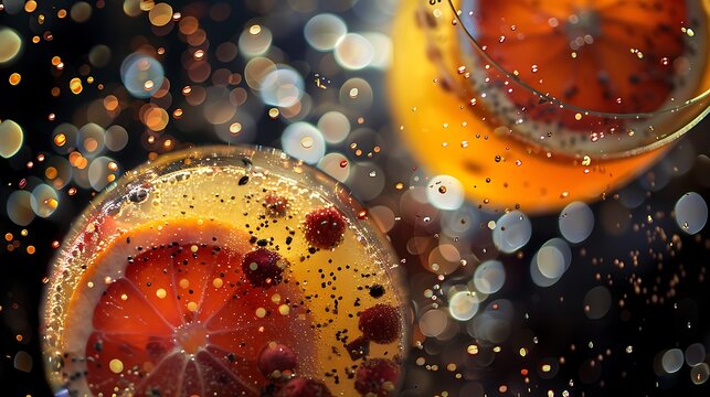 Signature drinks sparkle in a culinary extravaganza on black interspersed with vibrant exotic juices