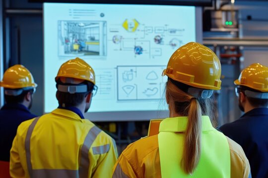 A team of industrial workers attending a safety training session, with diagrams of emergency procedures on a screen, representing the emphasis on safety education in the workplace