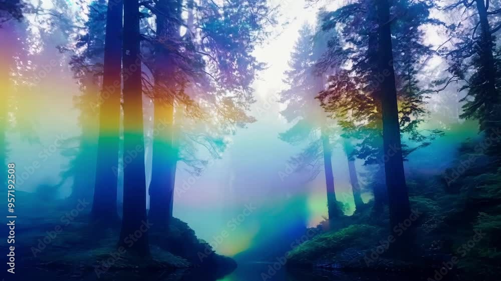 Poster Magical rainbow illuminating a mysterious forest with tall trees growing on the shore of a lake reflecting the colorful lights at dusk