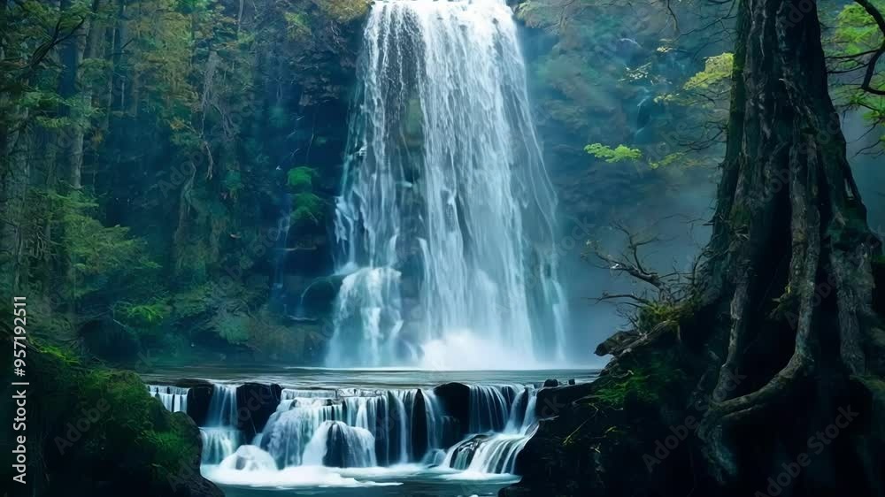 Poster Majestic waterfall cascading down mossy rocks in a lush. Green forest. Creating a mystical and enchanting atmosphere full of natural beauty and wonder