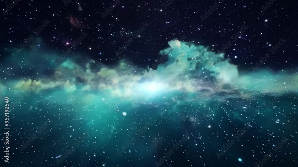 Poster Spaceship is traveling at the speed of light through a field of stars and a colorful nebula. This fantasy image evokes interstellar travel and science fiction