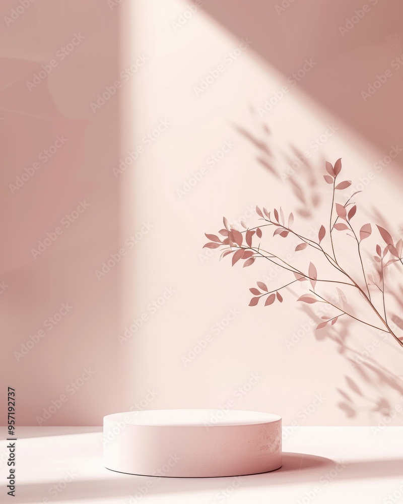 Poster minimalist soft pink podium on pastel background with gentle shadows and leaf textures, ideal for pr