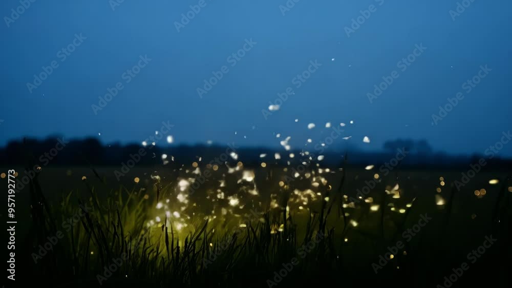 Aufkleber Sun setting, fireflies glowing in vast field, creating magical twilight atmosphere. Perfect nature background for serene evenings