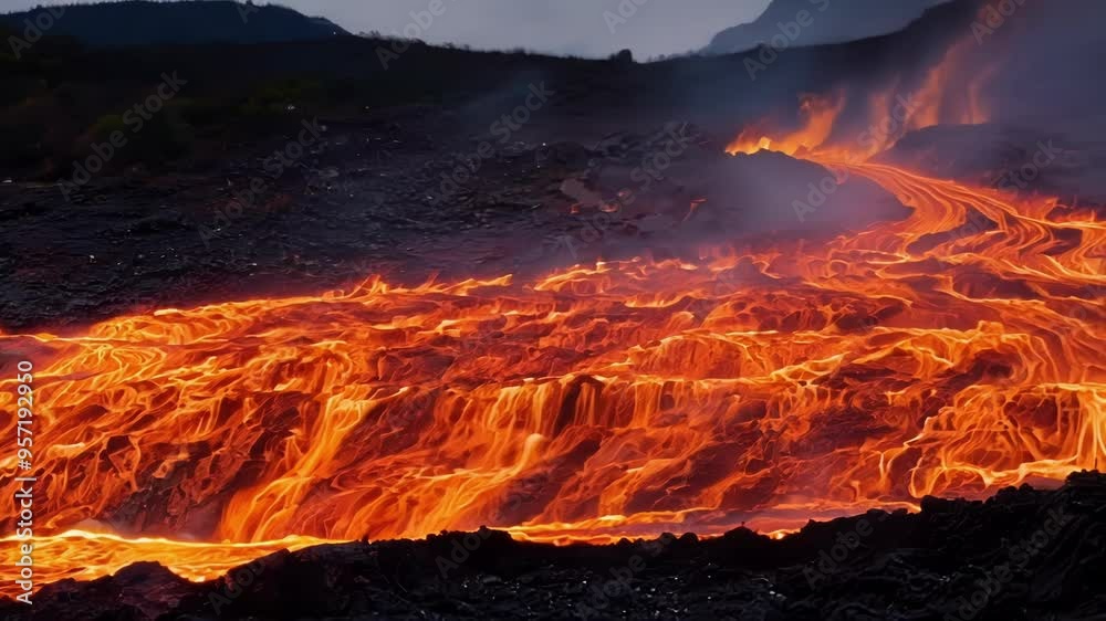 Poster molten rock flowing down a slope, creating a mesmerizing waterfall of fire with an intense orange co