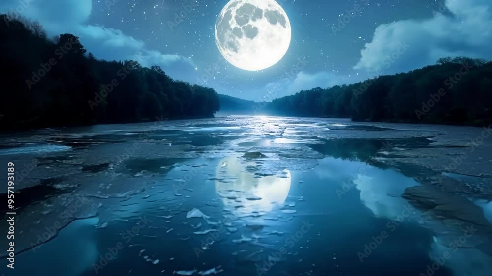Poster mystical frozen river is reflecting the light of the full moon on a clear night, creating a magical 