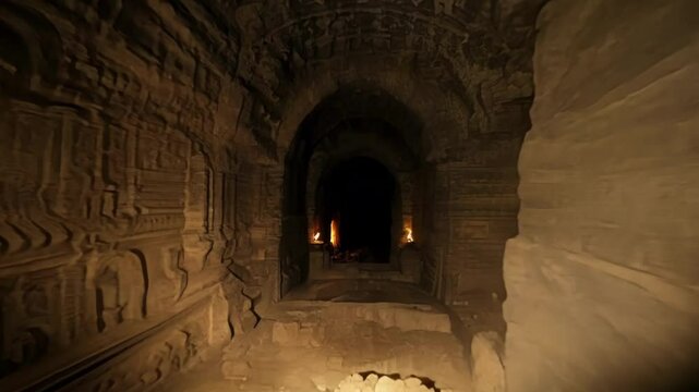 Walking through a dark stone tunnel lit by torches, shadows dance on the walls, evoking a mysterious and eerie atmosphere perfect for fantasy games or illustrations