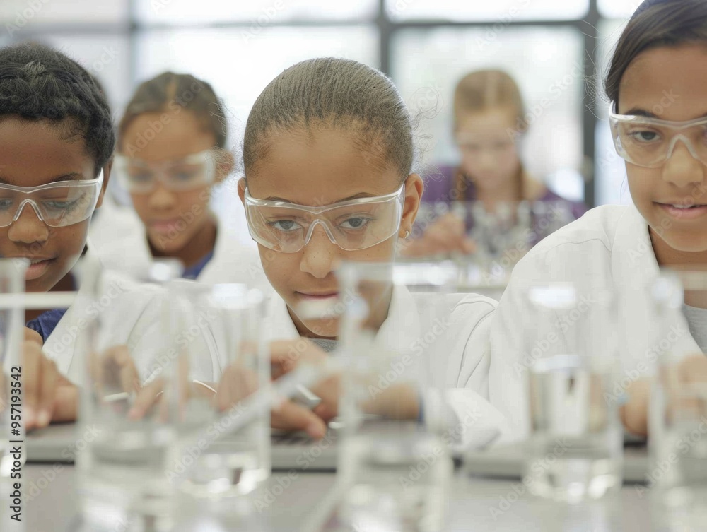 Poster Diverse Middle School Students Conducting Experiments in Science Lab During Daytime, Engaged and Focused on Hands-On Learning
