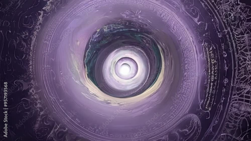 Poster purple portal is opening, revealing a bright light at the end of a tunnel of concentric circles cove