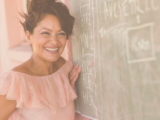 Naklejka premium Enthusiastic Female Math Teacher with Olive Skin Helping Student in a Sunlit Classroom