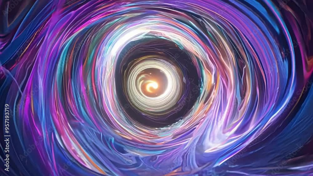 Poster mesmerizing tunnel of swirling abstract shapes in vibrant shades of blue. purple. and orange leads t