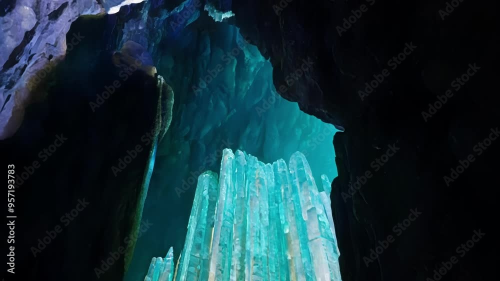 Aufkleber mesmerizing underground scene showing a cave illuminated by turquoise and purple light, creating a m