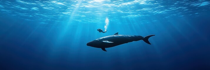 Obraz premium Diver with giant whale in deep sea