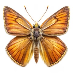 A Detailed Portrait of a Golden Moth with Furry Antennae, Isolated on White, Insect, Nature, Wildlife