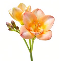 Fototapeta premium A Single Bloom of Freesia - Delicate Peach and Yellow Petals, Macro View, White Background, Freesia, Flower, Macro Photography