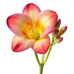 A Single Freesia with Buds, Yellow and Red, White Background, Flower, Floral, Spring