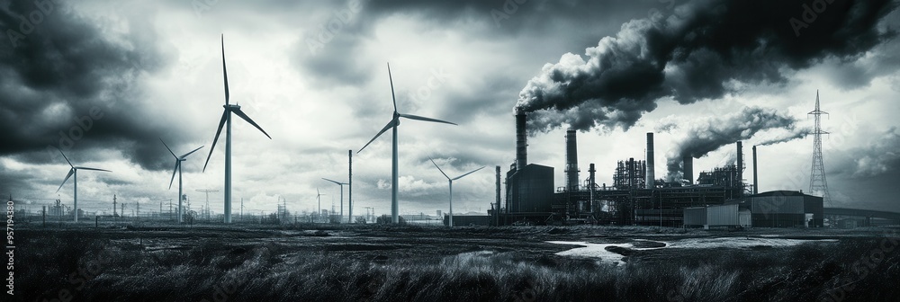 Aufkleber closed coal mines and towering old factories contrast with modern wind turbines, highlighting the tr