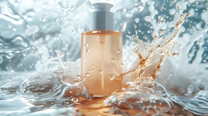 Skincare bottle with splashes over a backdrop of water texture