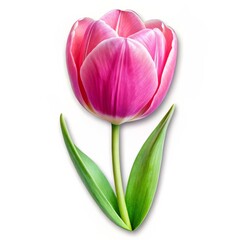 Fototapeta premium A Single Pink Tulip with Green Leaves, Isolated on White, Photography, Close-up, Flower, Nature, Spring