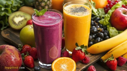 Nutritious smoothie made with a sugar substitute, shown with an array of fresh fruits and vegetables