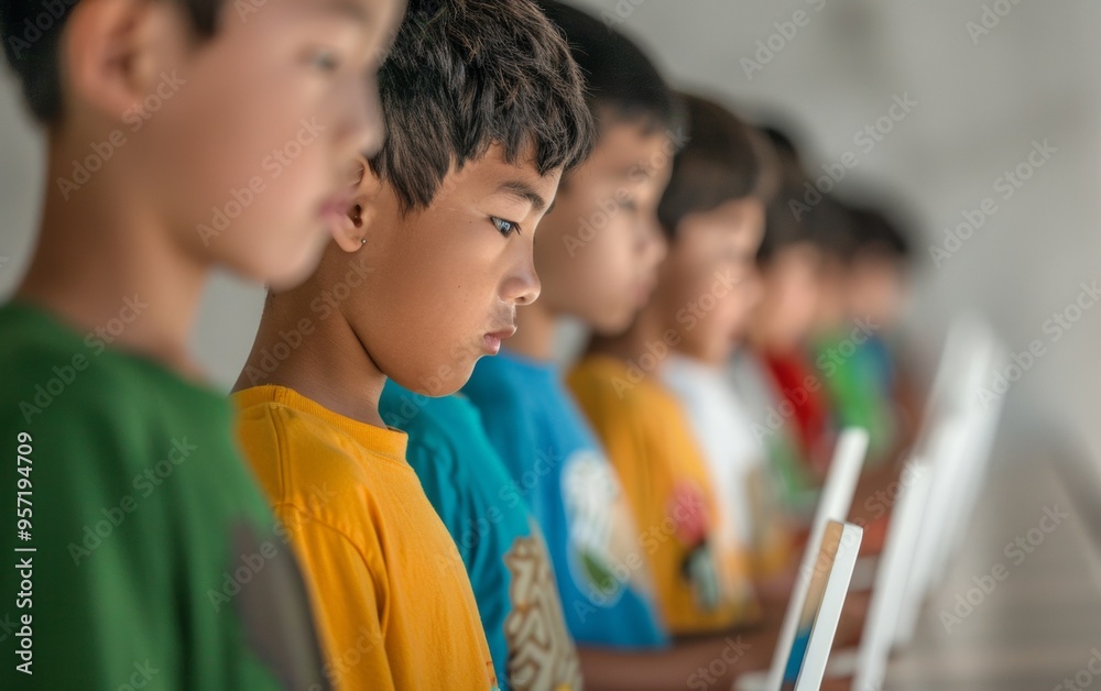 Fototapete primary school students engaged in interactive science learning on tablets in classroom setting – mo
