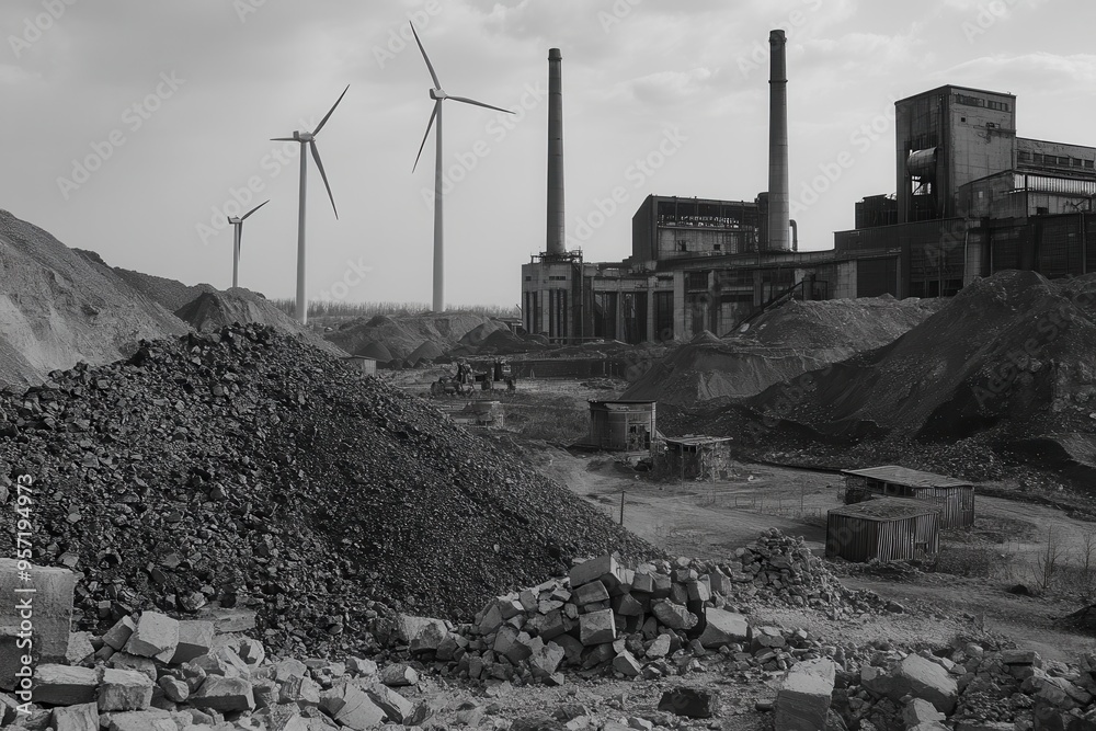 Aufkleber Closed coal mines stand alongside modern wind turbines, illustrating the transition from fossil fuels to sustainable energy sources. Generative AI