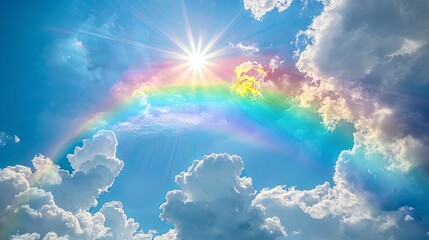 Sun Shining Through Clouds with a Rainbow