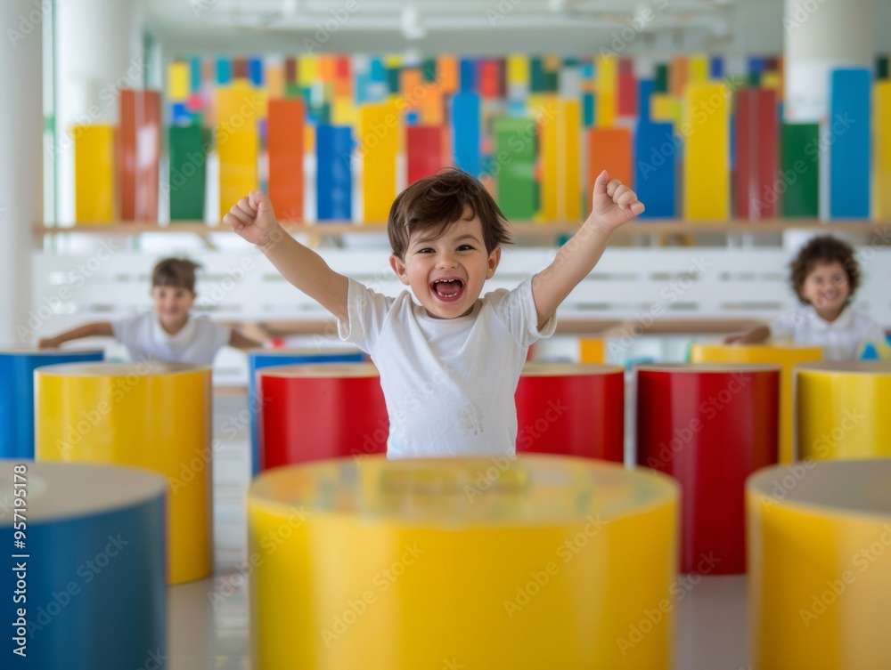Poster excited children in bright elementary classroom engaging in group learning activity with colorful ma