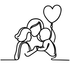 Happy Mother day. Mother with children. Continuous one line drawing. Vector illustration