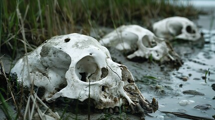 Skulls of animals found along the shore