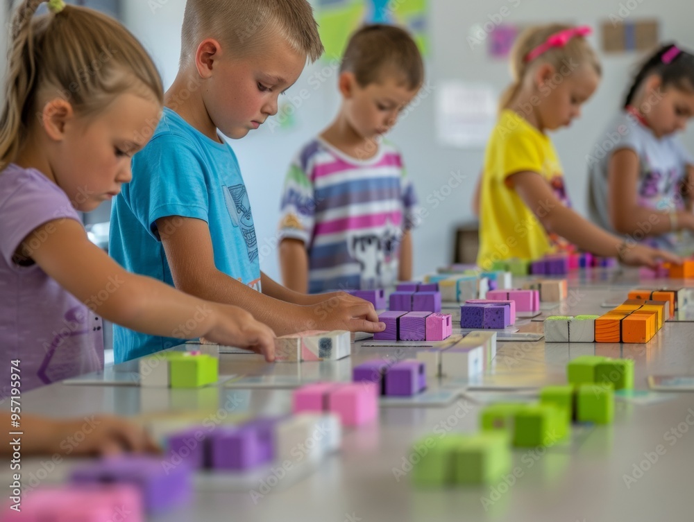 Poster young elementary students collaboratively solving math puzzles with hands-on materials in a bright c