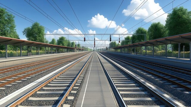 A serene view of a railway station with parallel tracks, clear skies, and lush greenery, perfect for transportation themes.