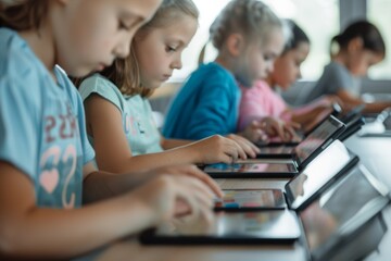 Diverse Group of Young Girls Learning with Tablets in Modern Classroom - E-learning and Technology Integration in Education