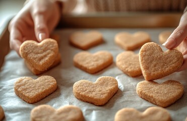 Close up of hands holding heart-shaped cookies on baking paper, surrounded by cinnamon sugar cookie dough