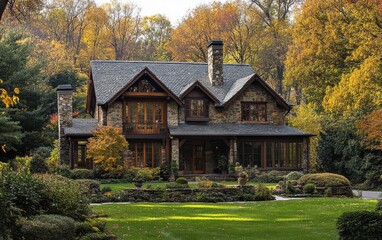 Charming Stone-Clad House with Lush Landscaping