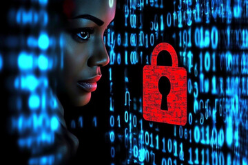 Portrait front view of a female African American IT specialist analyzing futuristic holographic data, with binary code in the foreground, in blue and orange tones, ideal for AI cybersecurity