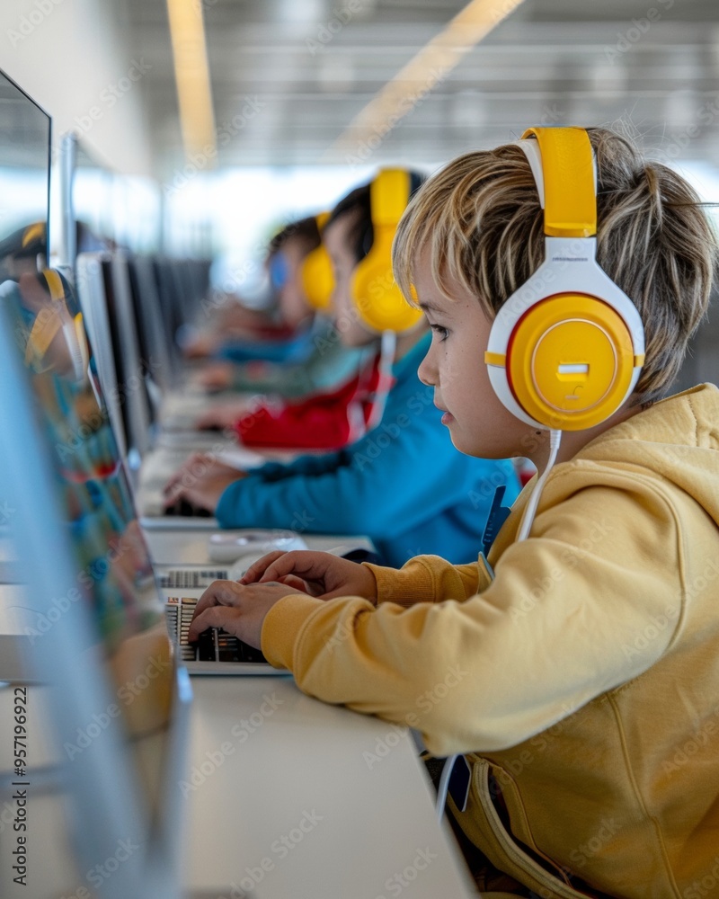 Fototapete diverse high school students in modern computer lab coding during daytime, focused atmosphere with b