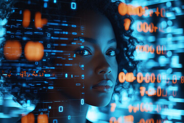 Portrait front view of a female African American IT specialist analyzing futuristic holographic data, with binary code in the foreground, in blue and orange tones, ideal for AI cybersecurity
