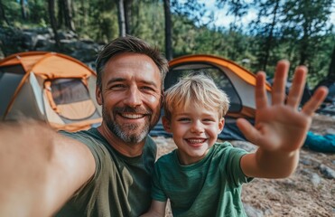 Joyful father and son taking a selfie, waving, with a camping tent in background - Powered by Adobe