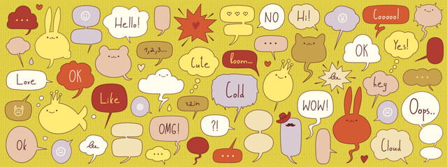 Set of hand drawn doodle conversation clouds or dialogue chat bubbles with cartoon animals, small talk phrases, think or talk clouds. Short vector messages for communication or discussion