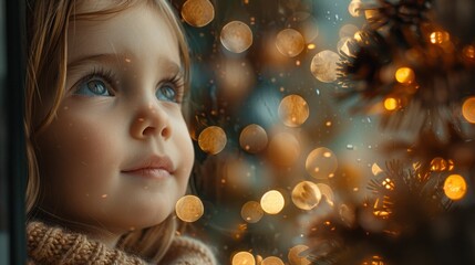 Fototapeta premium A young girl is looking out a window at a Christmas tree