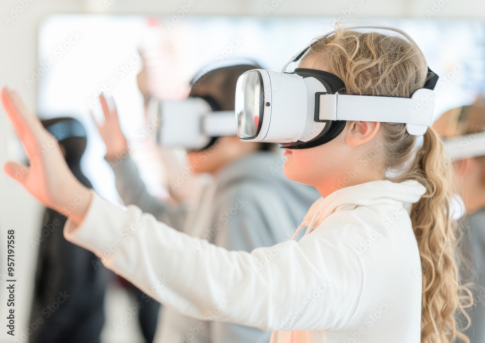 Poster Young Students Collaborating with AR/VR Technology in Classroom - Engaged Diverse Teens Brainstorming and Making Virtual Notes Together in Morning Light