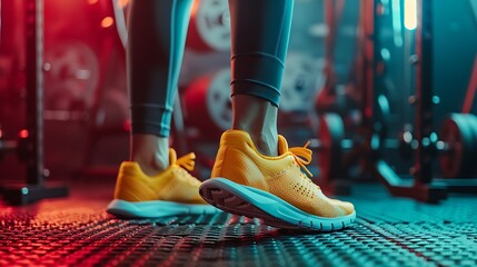 Sneakers worn by a fitness instructor on a gym mat against a backdrop of fitness gear