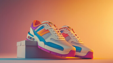 Close-up photo of multi-colored retro style sports sneakers on a neutral background. Vintage retro style from the 80s-90s.