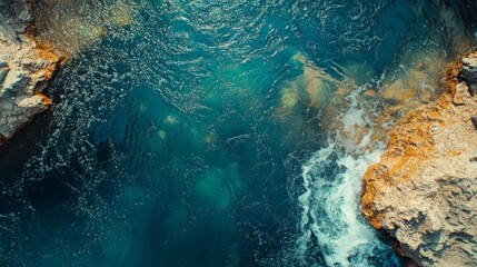 A top-down view of a stream with crystal-clear, blue water flowing gently. The scene showcases the vibrant, tranquil colors of the water and the natural patterns of the streambed.