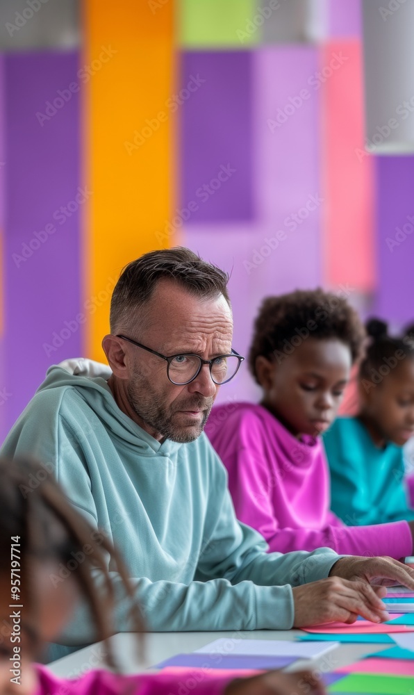 Poster middle-aged male teacher mentoring diverse young students on collaborative project in vibrant classr