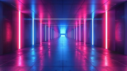 Neon-Lit Hallway with Pink and Blue Lights