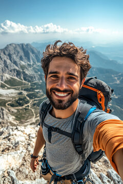 A man with a backpack and a smile on his face is taking a selfie on a mountain