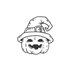 Cute halloween pumpkin in a witch hat. Halloween pumpkin coloring page for kids. Black and white illustration. Vector illustration.