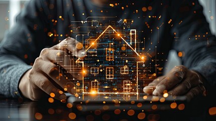 Person's Hand Interacting with a Digital House Icon on a Tablet