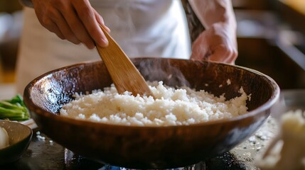 A sushi chef preparing a bowl of rice, using a wooden paddle to mix the ingredients